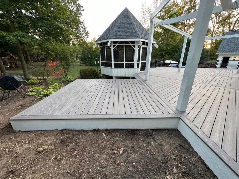 Finished composite deck wrapping around an octagonal gazebo on a Lowcountry property